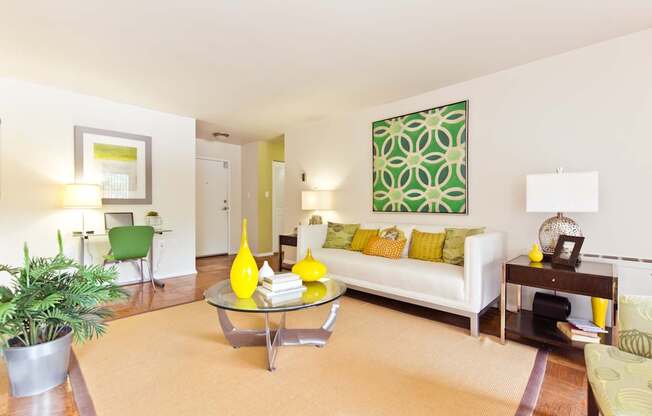 A living room with a white couch and a green plant.