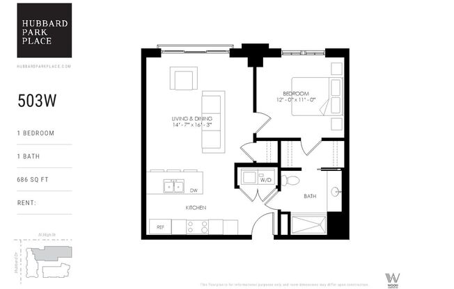 1 bed, 1 bath, 686 sqft, $1,995, Unit 503W