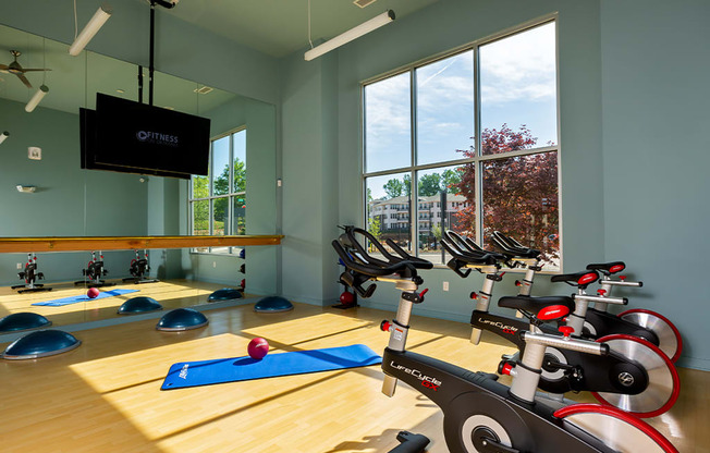 Spin room with yoga mats at Sycamore at Tyvola, North Carolina