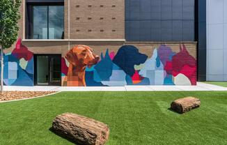 Colorful art meets community connection in this fenced dog park with turf, agility features, and a vibrant mural backdrop.