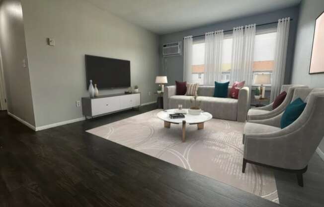 a living room with gray walls and a large white coffee table in the middle of the room