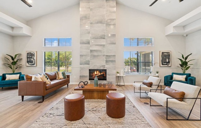 Community lounge with fireplace at Mirage on Kernan Apartments in Jacksonville, FL