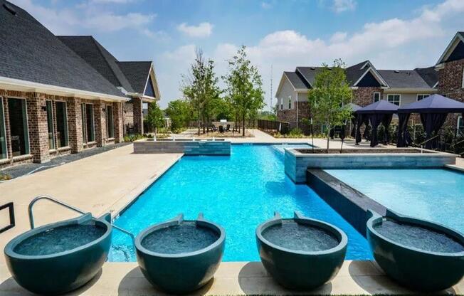 Pool fountain view from sitting area at Emerson at Buda, Buda, Texas