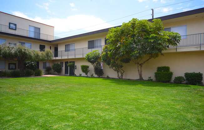 Ocean View Townhomes grass area behind pool