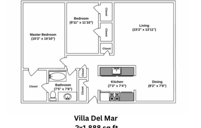 2 beds, 1 bath, 888 sqft, $815