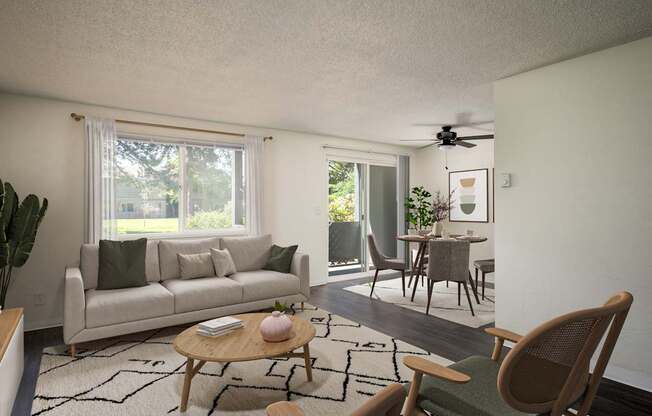 A living room with a couch, a chair, a table, and a ceiling fan.