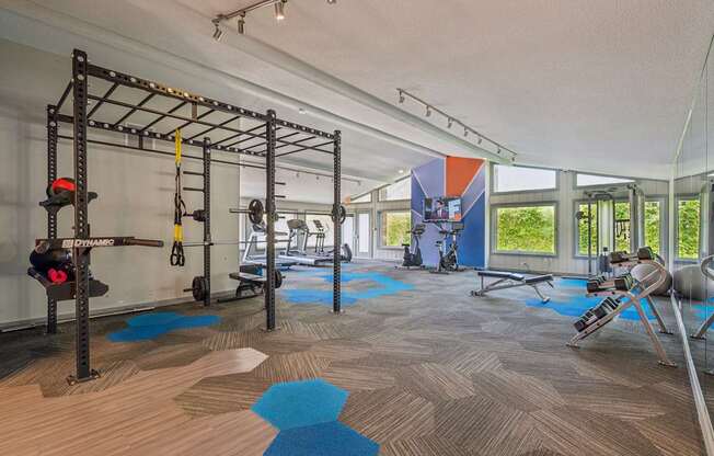 A gym with a pull up bar and weights.