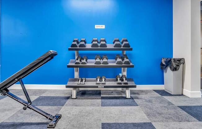 A gym with a bench, weights, and a towel rack.