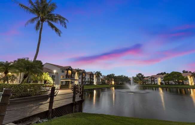 a pond with a fountain at dusk with palm trees