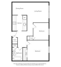 A floor plan of a 2 Bed 1 Bath apartment is 785 square feet.