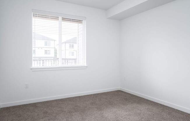 A room with a carpeted floor and a window with blinds.