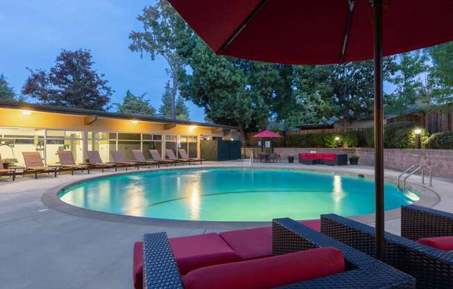 Apartments in Palo Alto CA - Swimming Pool at Dusk Featuring Various Lounge Area