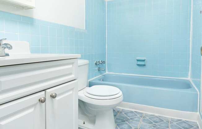 A white toilet in a blue tiled bathroom.