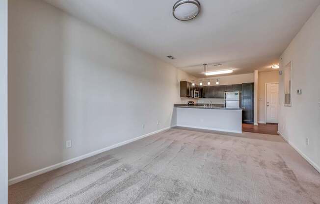 A spacious living room with a kitchen in the background.