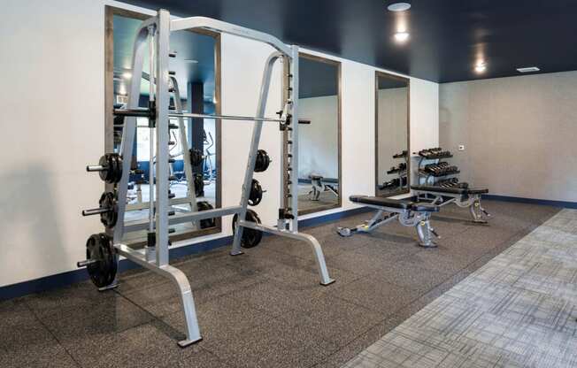 Weights in Fitness Room at The McMillan Apartments in Shoreview, MN 55126