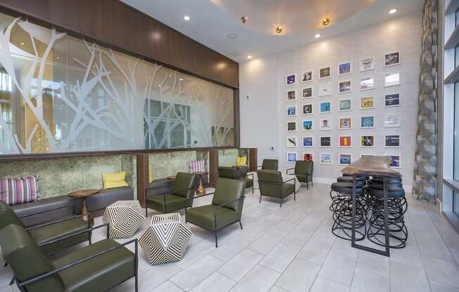 No business lounge with record albums on the wall and lounge seating