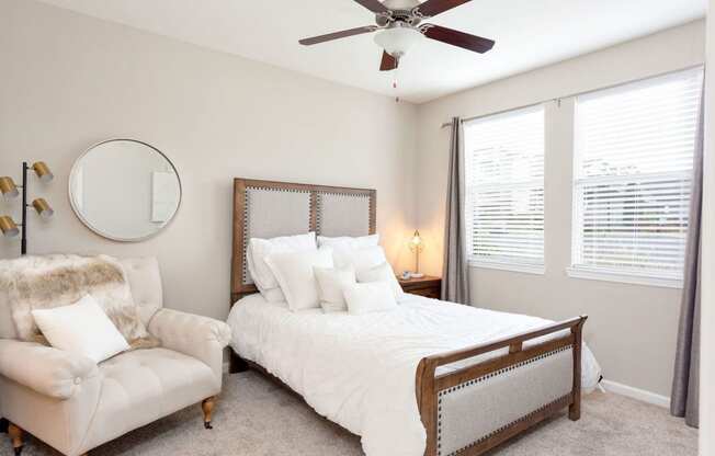Two Bedroom Apartments in Madison AL - Arch Street - Bedroom with Plush Carpeting, Ceiling Fan & Large Window