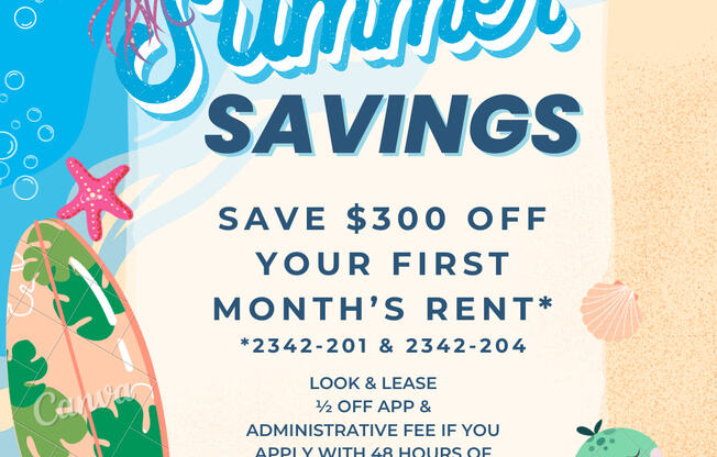 A colorful advertisement for summer savings offering $300 off the first month's rent.