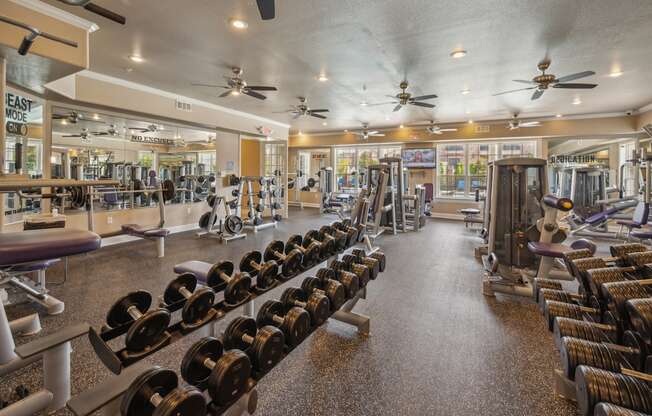 a gym with weights and cardio equipment and ceiling fans