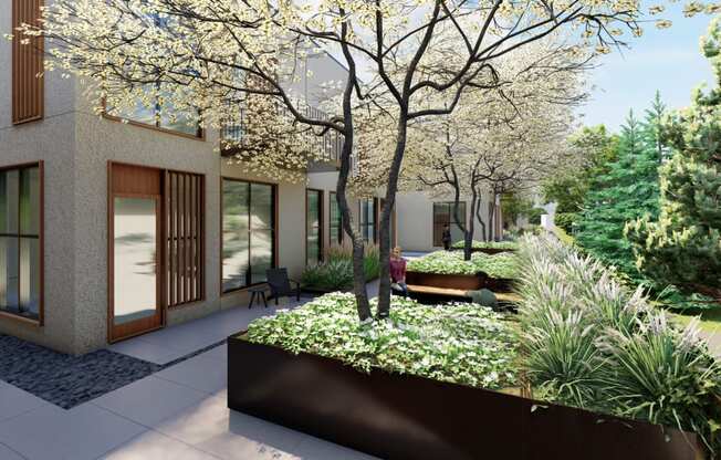 a rendering of a courtyard with trees and plants