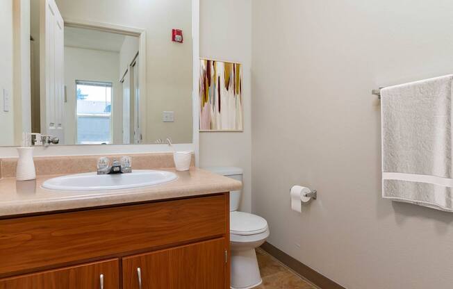 A bathroom with a toilet, sink, and a towel rack.