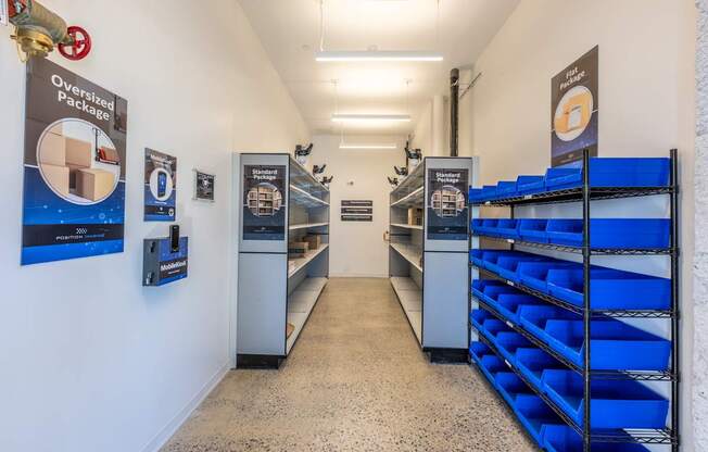 A long hallway with a sign that says Overized Package.