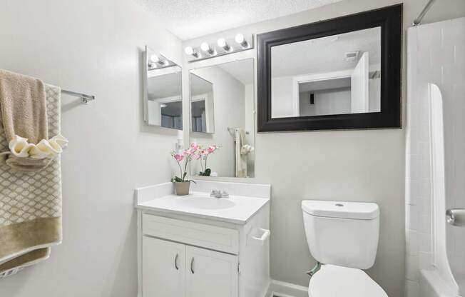 A white bathroom with a toilet, sink, and mirror.