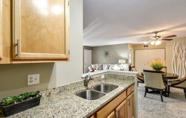 apartment kitchen with granite counter tops