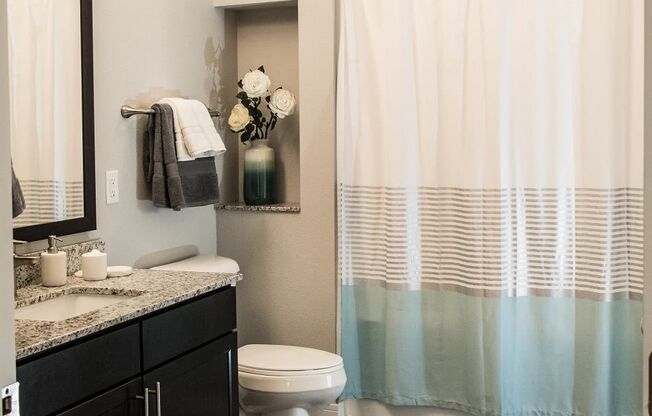 A bathroom with a toilet, sink, and shower curtain.