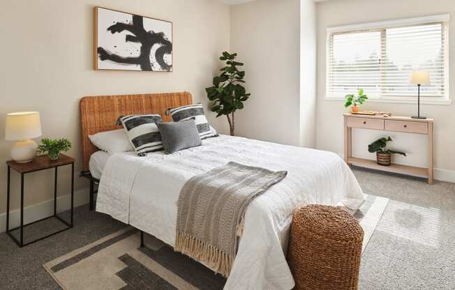 a bedroom with a bed and a window