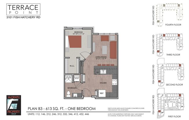 1 bed, 1 bath, 613 sqft, $1,595, Unit 332