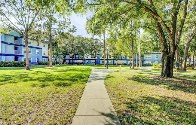 Walkway Through Courtyard Between Buildings Shaded by Trees