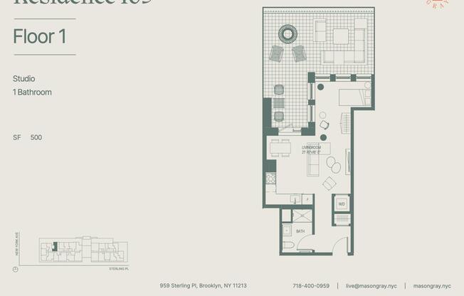 Studio, 1 bath, 500 sqft, $3,395, Unit 103