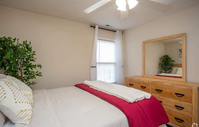 A bedroom with a bed, dresser, mirror, and plant.