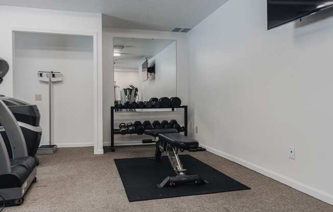 an exercise room with weights and a treadmill in a apartment community gym in Greenwood, Indiana