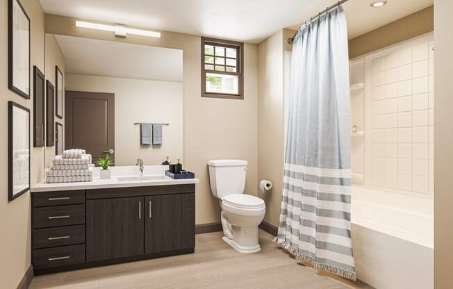 Bathroom rendering with tub and toilet at Bayswater Apartments, Burlingame, CA