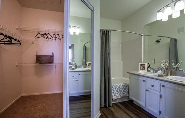 Closet and bath at Milan Apartment Townhomes, Las Vegas, NV