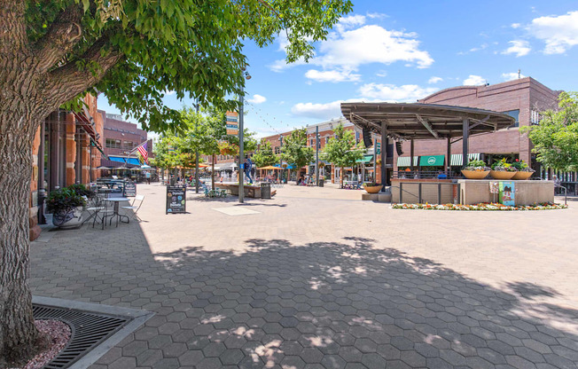 A sunny day at the plaza with a tree on the left.
