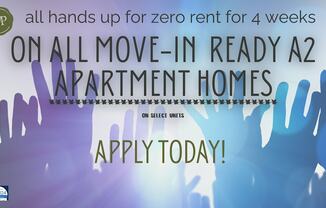 A promotional image for zero rent on move-in ready apartment homes for a limited time.