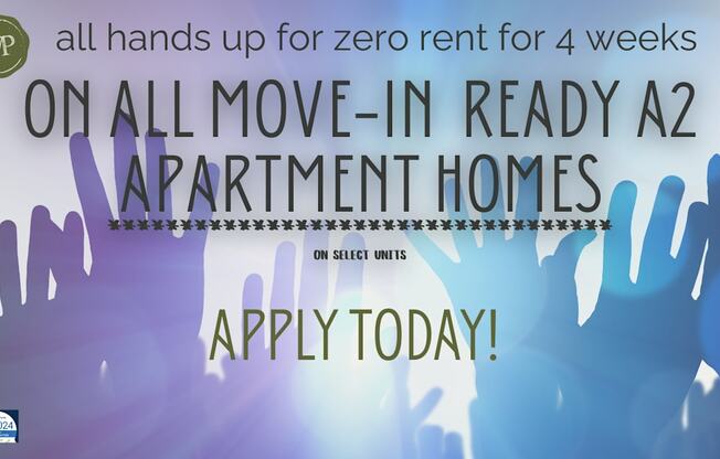 A promotional image for zero rent on move-in ready apartment homes for a limited time.