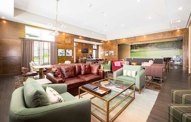 A living room with a green couch and a coffee table.