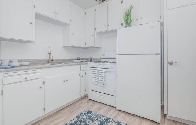 a kitchen with a stove and a refrigerator