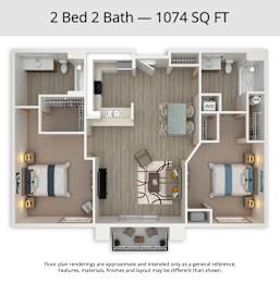 2 beds, 2 baths, 1,074 sqft, $2,072
