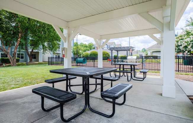 a covered picnic area with benches and tables