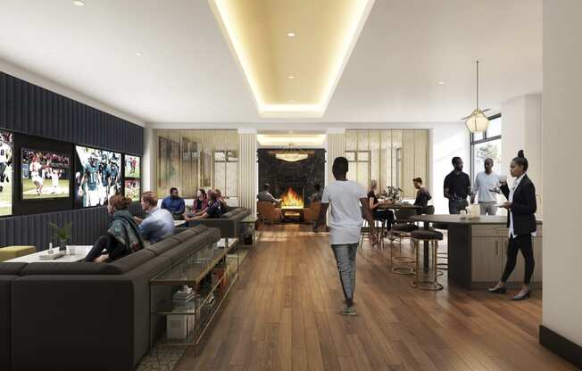 a rendering of the lobby of a restaurant with a fireplace