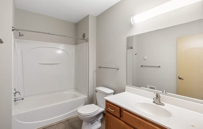 a bathroom with a shower toilet and sink and a mirror