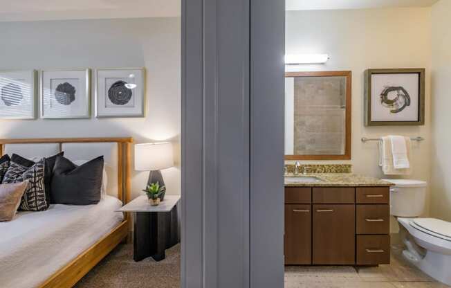 luxury bedroom and bathroom at Berkshire Medical District apartments