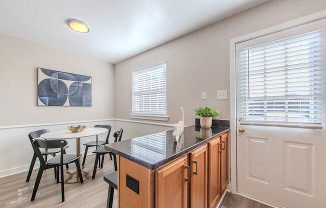 A kitchen with a table and chairs and a plant on the counter.