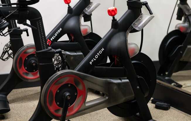 a row of exercise bikes in a gym
