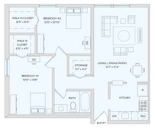 2 beds, 1 bath, 905 sqft, $1,224